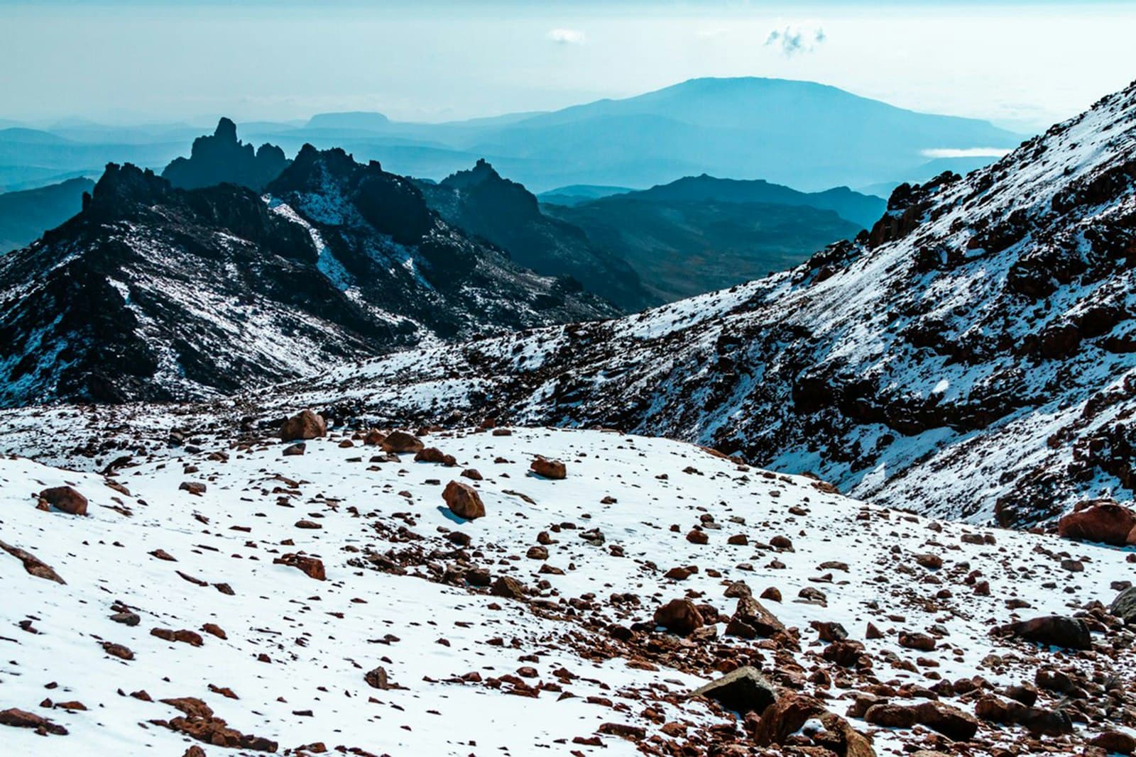 Snow-covered summit peaks of Mount Kenya at dawn