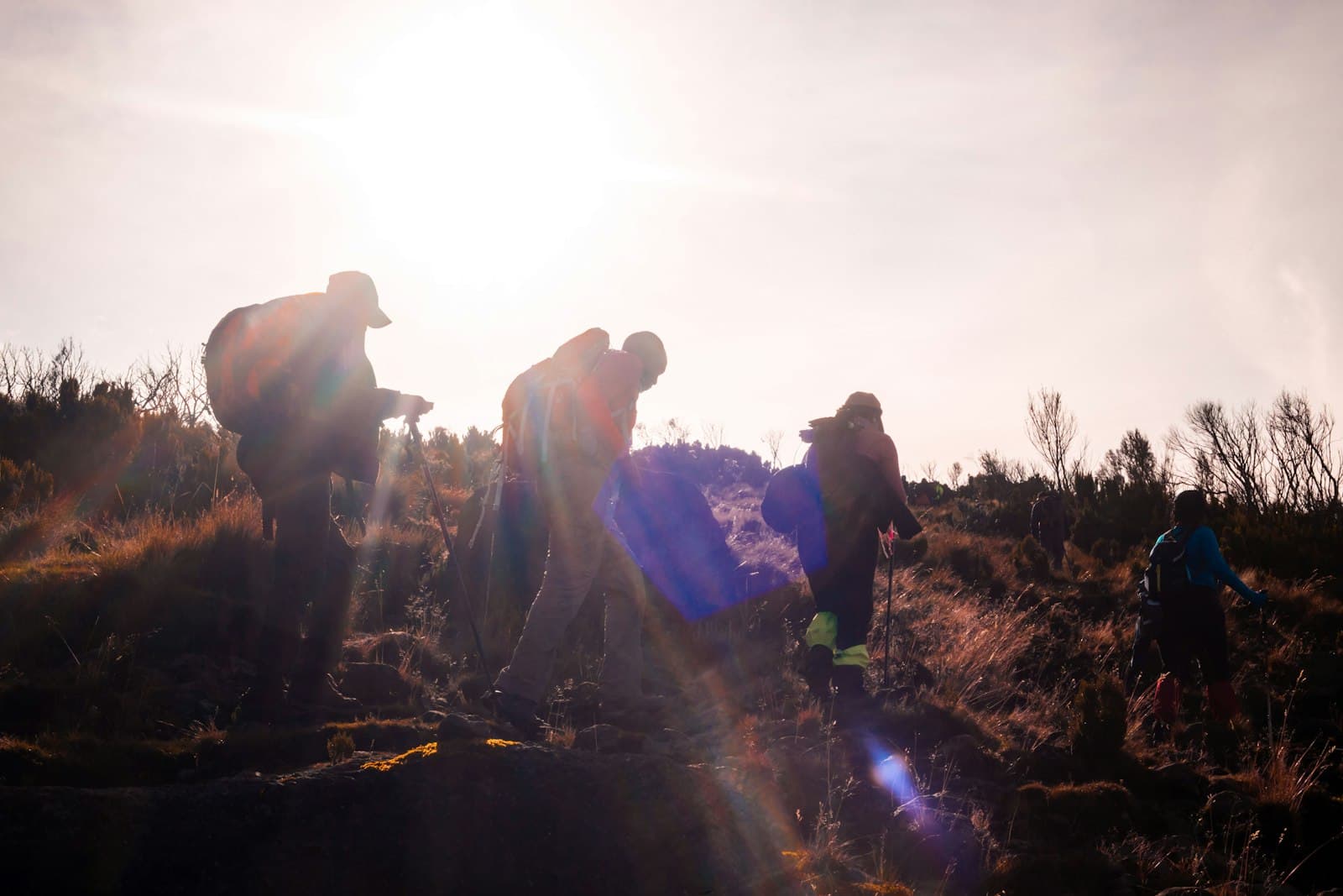 Group of trekkers with backpacks hiking on a mountain trail in Kenya